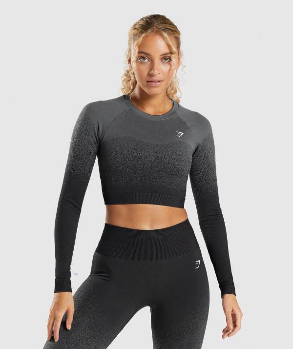 Damske Crop Top Gymshark Adapt Ombre Seamless Long Sleeve Čierne Siva | IM7918204